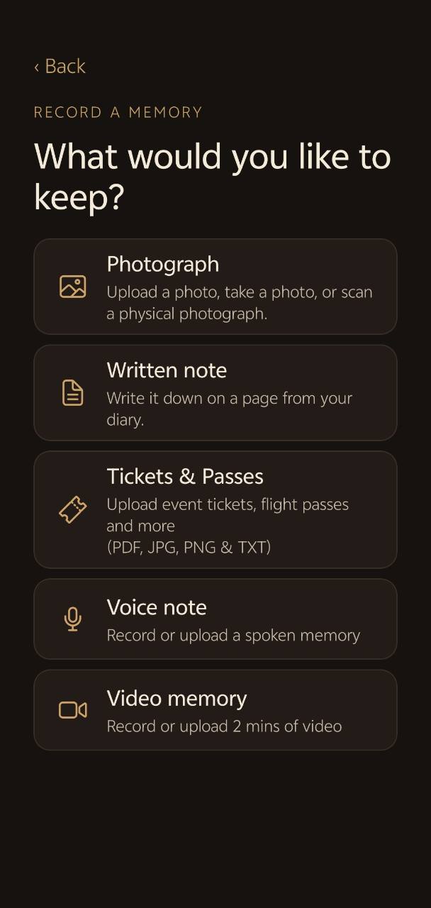 Updated Record a Memory screen with photograph, written note, ticket, voice note and video choices