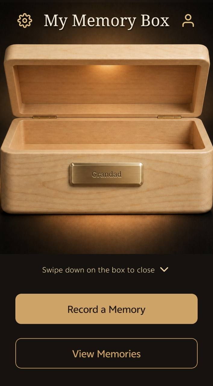 An open wooden memory box named Grandad in the My Memory Box app, with options to record or view memories