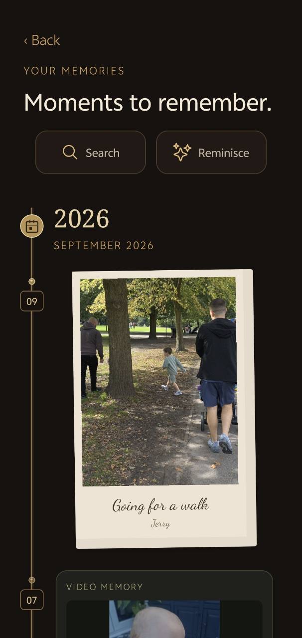 Updated My Memory Box timeline with Search and Reminisce controls above memories arranged by date